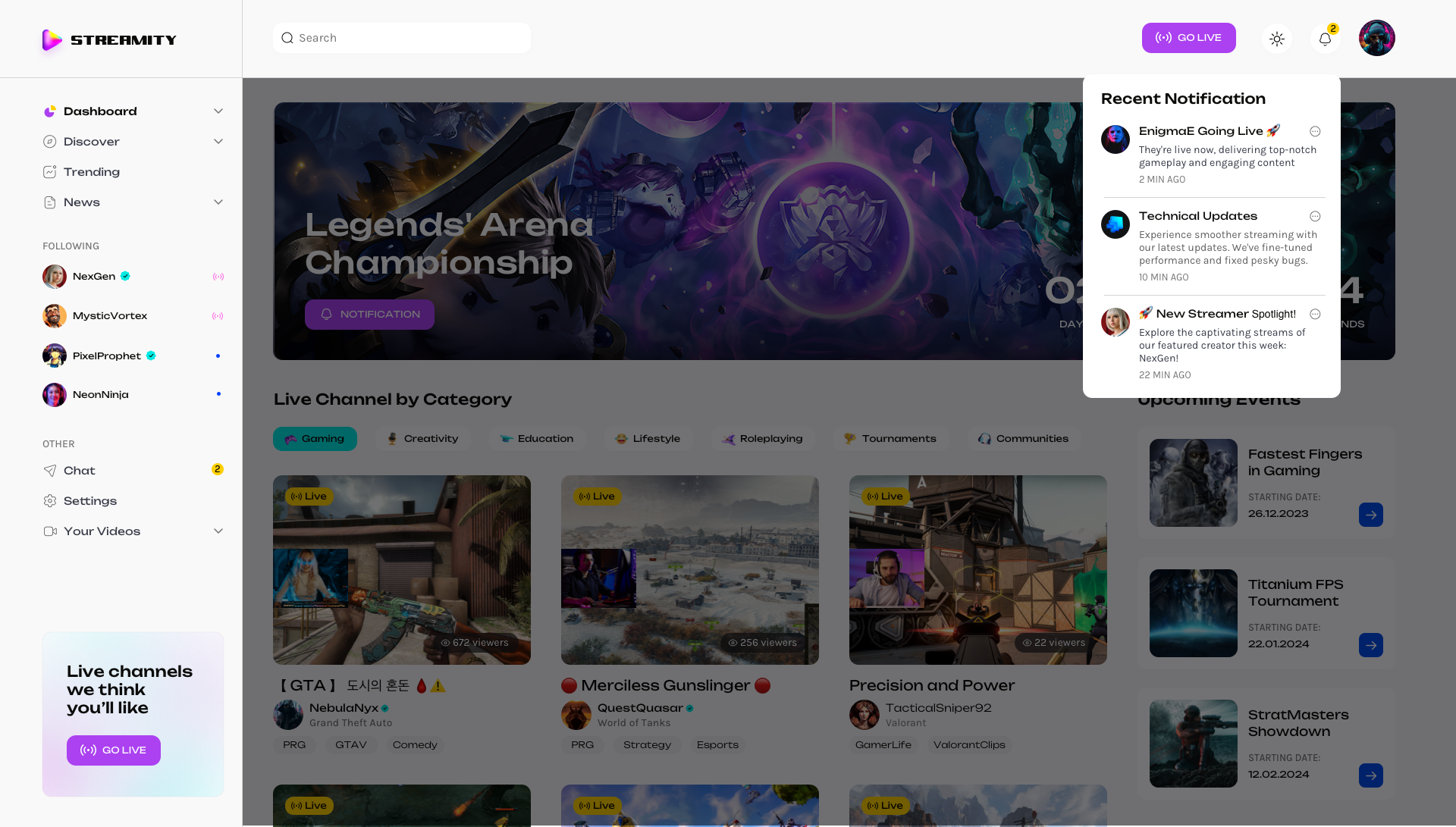 Streamity – Gaming and Streaming Dashboard UI for Adobe XD by merkulove