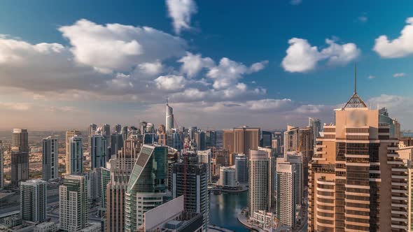 Dubai Marina Skyscrapers and Jumeirah Lake Towers View From the Top Aerial Timelapse in the United alt
