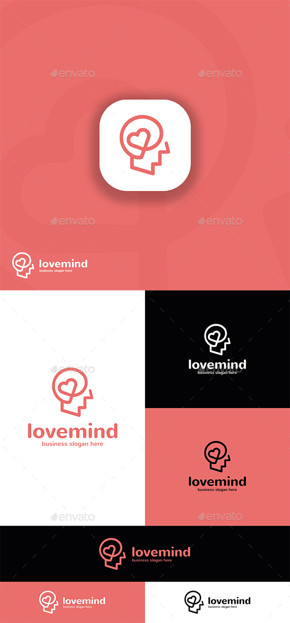 Love Mind - Human Head Symbol and Heart Logo