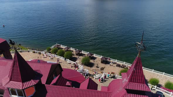 Aerial Top View Wedding at Sea Promenade with Guests. Event Outdoor Celebration
