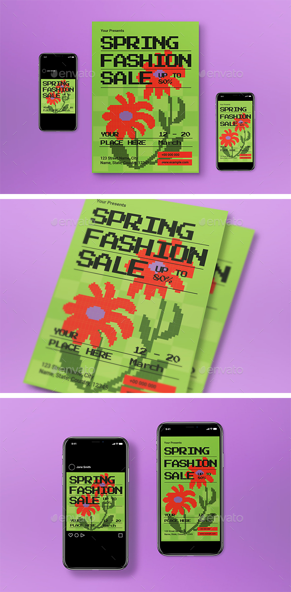 Green Pixelated Spring Fashion Sale Flyer Set