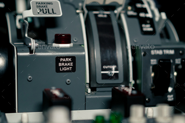 thrust lever in the cockpit of an airplane a close-up view of flight on ...