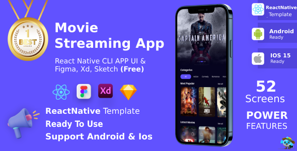 Movie Streaming App ANDROID + IOS + FIGMA + XD + SKETCH | UI Kit | ReactNative CLI