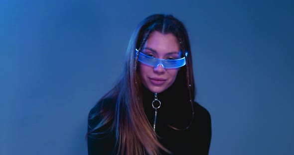 Cyberpunk Portrait Young Woman Stroking Her Hair alt