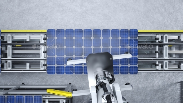 Heavy equipment unit placing PV cell on conveyor belts, top down shot, 3D render
