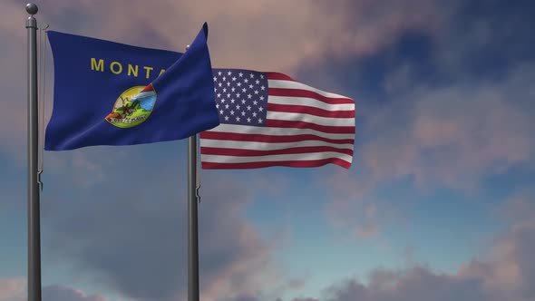 Montana State Flag Waving Along With The National Flag Of The USA - 4K alt