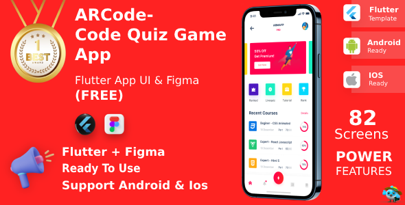 Arcode ANDROID + IOS + FIGMA | UI Kit | Flutter | Programing Language Course & Quiz App