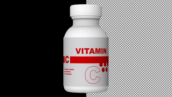 A bottle of Vitamin C capsules, Pills, Tablets, Alpha Channel, Looped, 3D Render