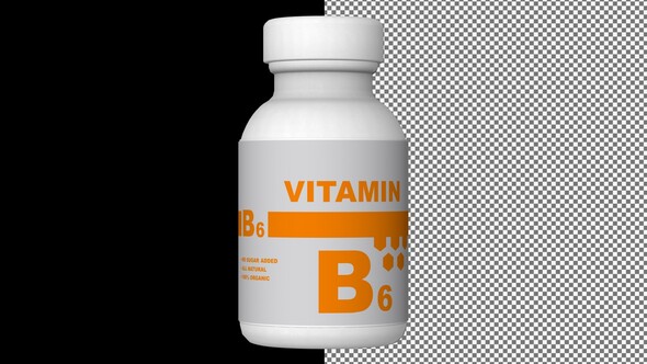 A bottle of Vitamin B6 capsules, Pills, Tablets, Alpha Channel, Looped, 3D Render