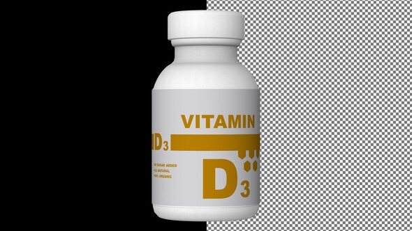 A bottle of Vitamin D3 capsules, Pills, Tablets, Alpha Channel, Looped, 3D Render