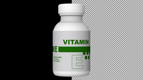 A bottle of Vitamin E capsules, Pills, Tablets, Alpha Channel, Looped, 3D Render
