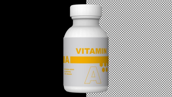 A bottle of Vitamin A capsules, Pills, Tablets, Alpha Channel, Looped, 3D Render