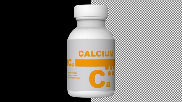 A bottle of Calcium capsules, Pills, Tablets, Alpha Channel, Looped, 3D Render