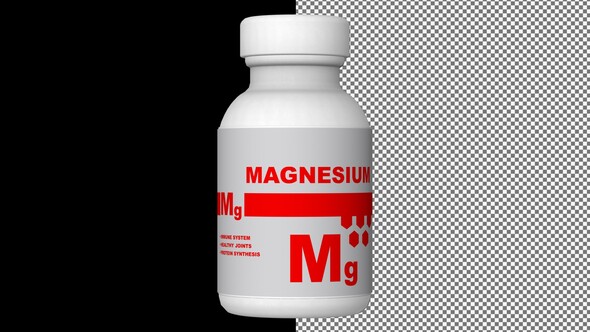 A bottle of Magnesium capsules, Pills, Tablets, Alpha Channel, Looped, 3D Render