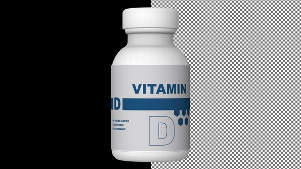 A bottle of Vitamin D capsules, Pills, Tablets, Alpha Channel, Looped, 3D Render