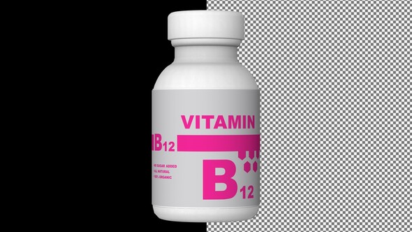A bottle of Vitamin B12 capsules, Pills, Tablets, Alpha Channel, Looped, 3D Render