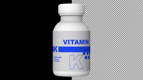 A bottle of Vitamin K capsules, Pills, Tablets, Alpha Channel, Looped, 3D Render
