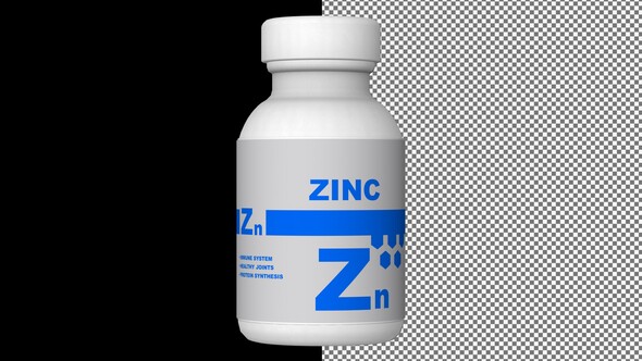 A bottle of Zinc capsules, Pills, Tablets, Alpha Channel, Looped, 3D Render