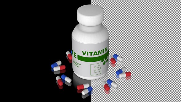 A bottle of Vitamin E capsules, Pills, Tablets, Alpha Channel, Looped, Mirror, 3D Render