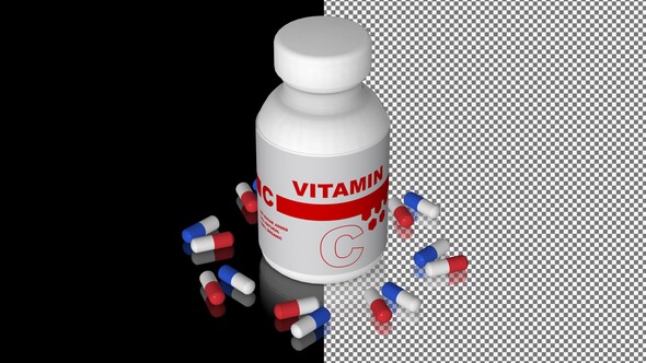 A bottle of Vitamin C capsules, Pills, Tablets, Alpha Channel, Looped, Mirror, 3D Render