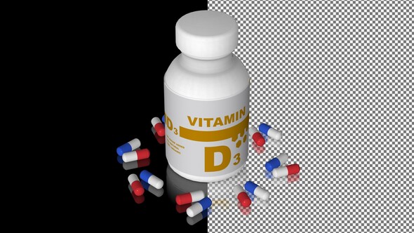 A bottle of Vitamin D3 capsules, Pills, Tablets, Alpha Channel, Looped, Mirror, 3D Render