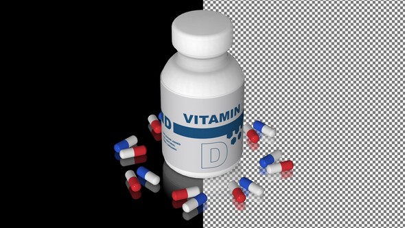 A bottle of Vitamin D capsules, Pills, Tablets, Alpha Channel, Looped, Mirror, 3D Render