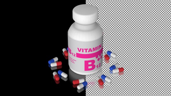 A bottle of Vitamin B12 capsules, Pills, Tablets, Alpha Channel, Looped, Mirror, 3D Render