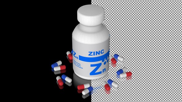 A bottle of Zinc capsules, Pills, Tablets, Alpha Channel, Looped, Mirror, 3D Render
