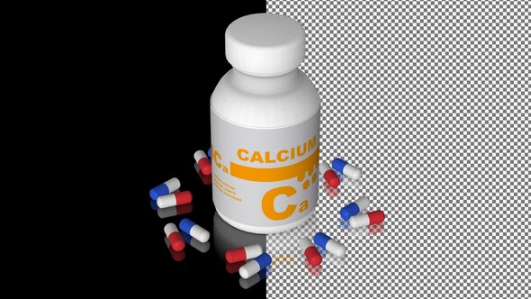 A bottle of Calcium capsules, Pills, Tablets, Alpha Channel, Looped, Mirror, 3D Render