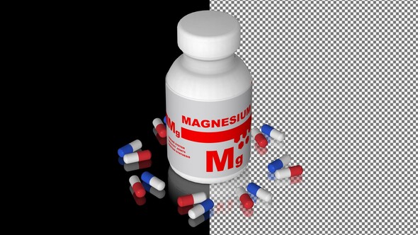 A bottle of Magnesium capsules, Pills, Tablets, Alpha Channel, Looped, Mirror, 3D Render