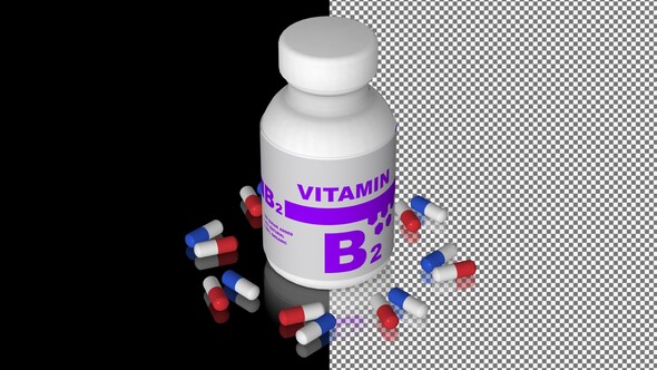 A bottle of Vitamin B2 capsules, Pills, Tablets, Alpha Channel, Looped, Mirror, 3D Render