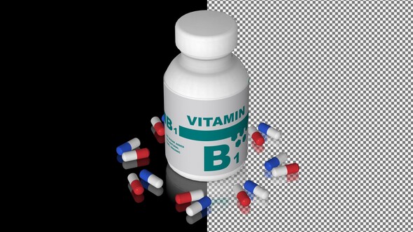 A bottle of Vitamin B1 capsules, Pills, Tablets, Alpha Channel, Looped, Mirror, 3D Render
