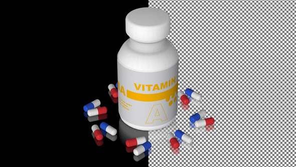 A bottle of Vitamin A capsules, Pills, Tablets, Alpha Channel, Looped, Mirror, 3D Render