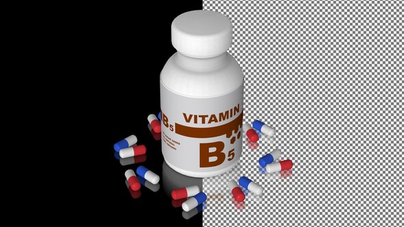 A bottle of Vitamin B5 capsules, Pills, Tablets, Alpha Channel, Looped, Mirror, 3D Render