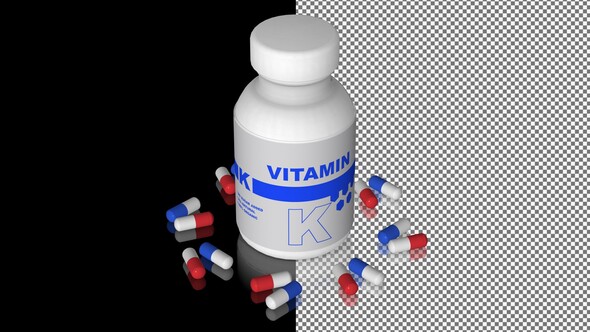 A bottle of Vitamin K capsules, Pills, Tablets, Alpha Channel, Looped, Mirror, 3D Render