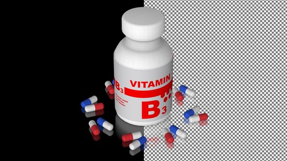 A bottle of Vitamin B3 capsules, Pills, Tablets, Alpha Channel, Looped, Mirror, 3D Render