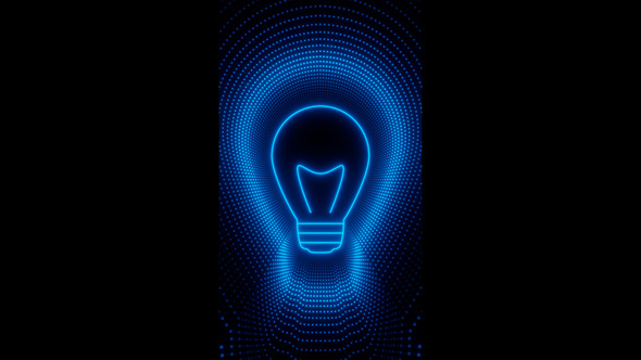 Vertical video blue neon bulb with waves of dots loop animation alt