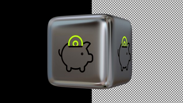 Animated Save Money Icon on a Silver Cube, Alpha Channel, Looped, Exclusive, 3D Render