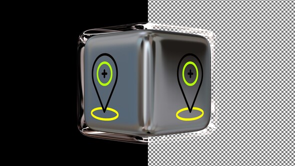 Animated Location Icon on a Glass Cube, Alpha Channel, Looped, Exclusive, 3D Render alt