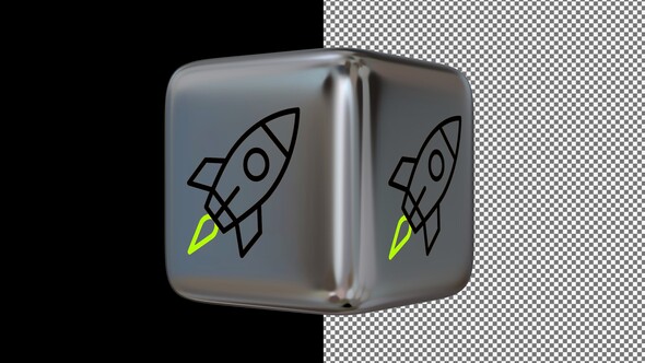 Animated Rocket Icon on a Silver Cube, Alpha Channel, Looped, Exclusive, 3D Render