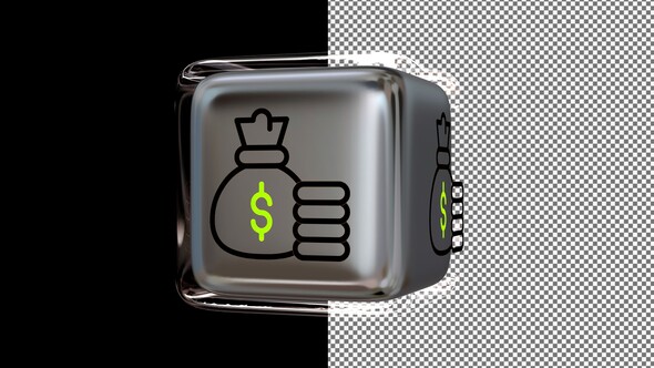 Animated Money Icon on a Glass Cube, Alpha Channel, Looped, Exclusive, 3D Render