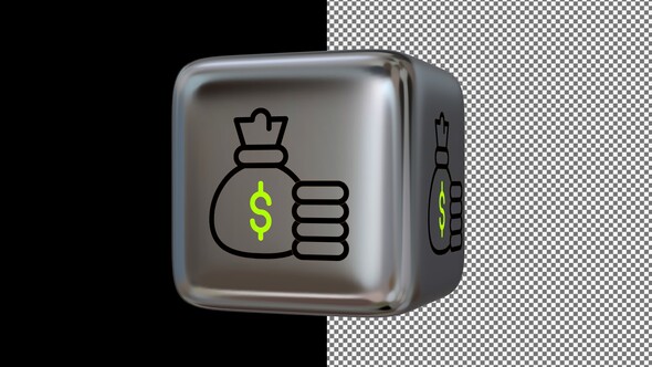 Animated Money Icon on a Silver Cube, Alpha Channel, Looped, Exclusive, 3D Render alt