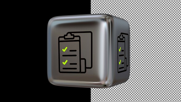 Animated Checklist Icon on a Silver Cube, Alpha Channel, Looped, Exclusive, 3D Render alt