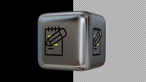 Animated Note Book Icon on a Silver Cube, Alpha Channel, Looped, Exclusive, 3D Render