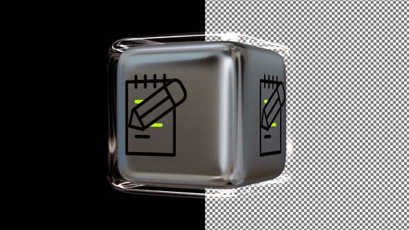 Animated Note Book Icon on a Glass Cube, Alpha Channel, Looped, Exclusive, 3D Render