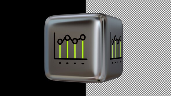 Animated Line Chart Icon on a Silver Cube, Alpha Channel, Looped, Exclusive, 3D Render alt