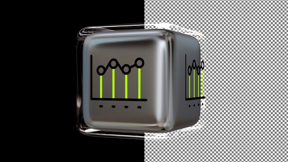 Animated Line Chart Icon on a Glass Cube, Alpha Channel, Looped, Exclusive, 3D Render