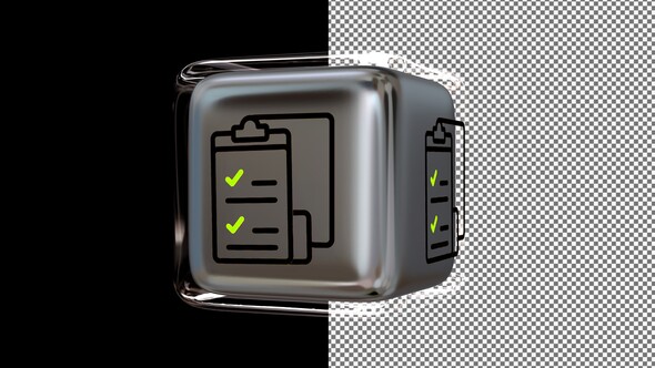 Animated Checklist Icon on a Glass Cube, Alpha Channel, Looped, Exclusive, 3D Render