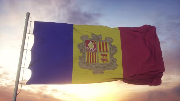 Flag of Andorra Waving in the Wind Sky and Sun Background alt