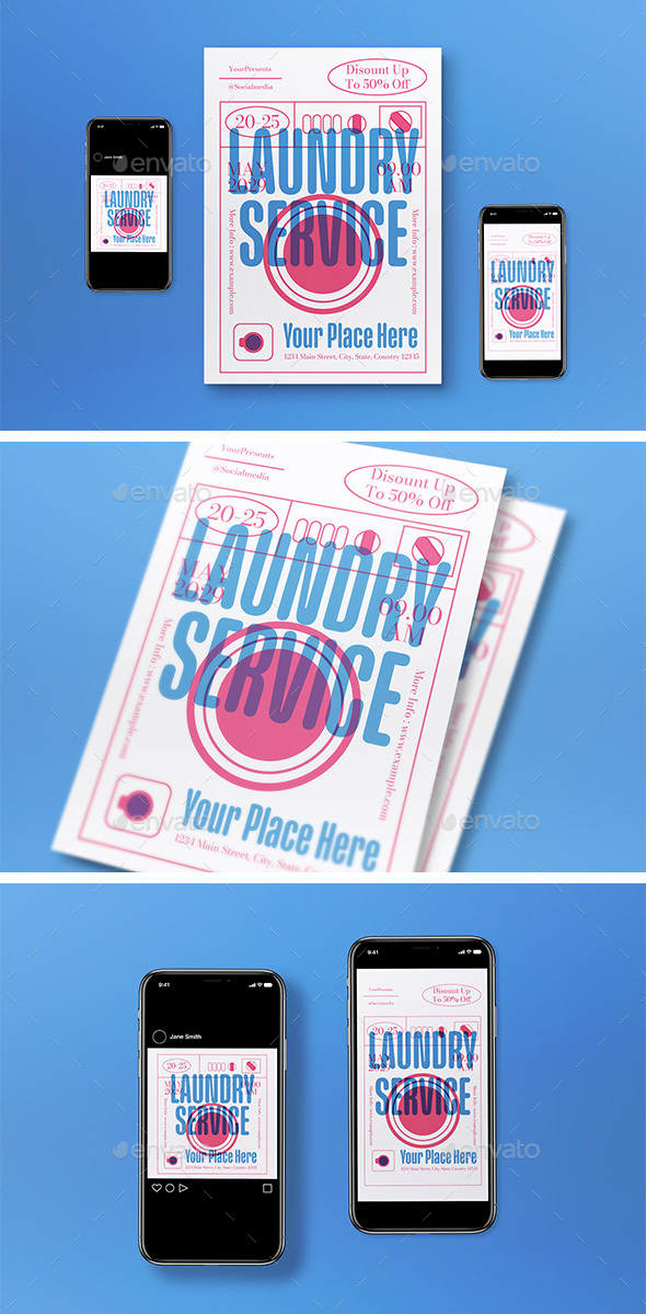 Blue Risograph Laundry Services Flyer Set